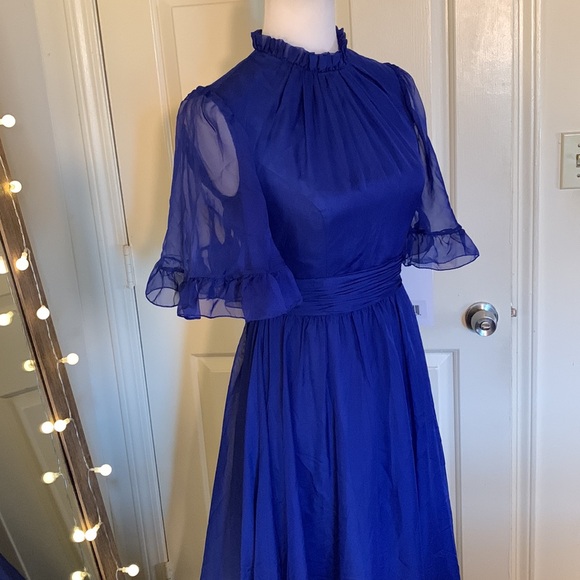 MAC DUGGALRuffled High Neck Flutter Sleeve High Low Hem Gown